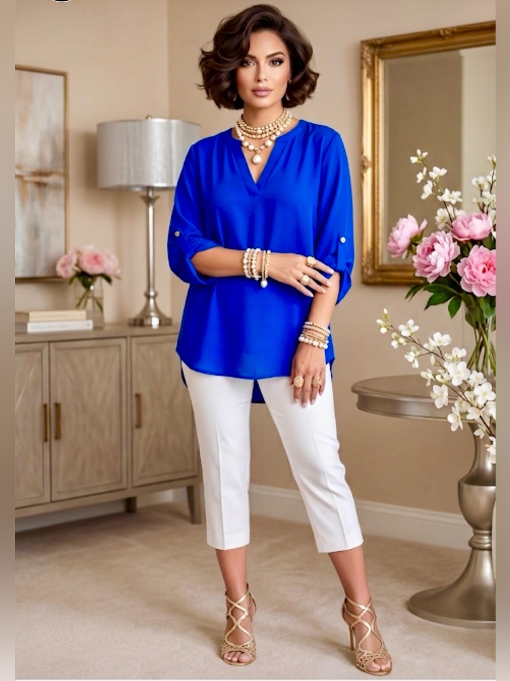 Chaus Royal Blue V-Neck Roll-Tab Tunic
